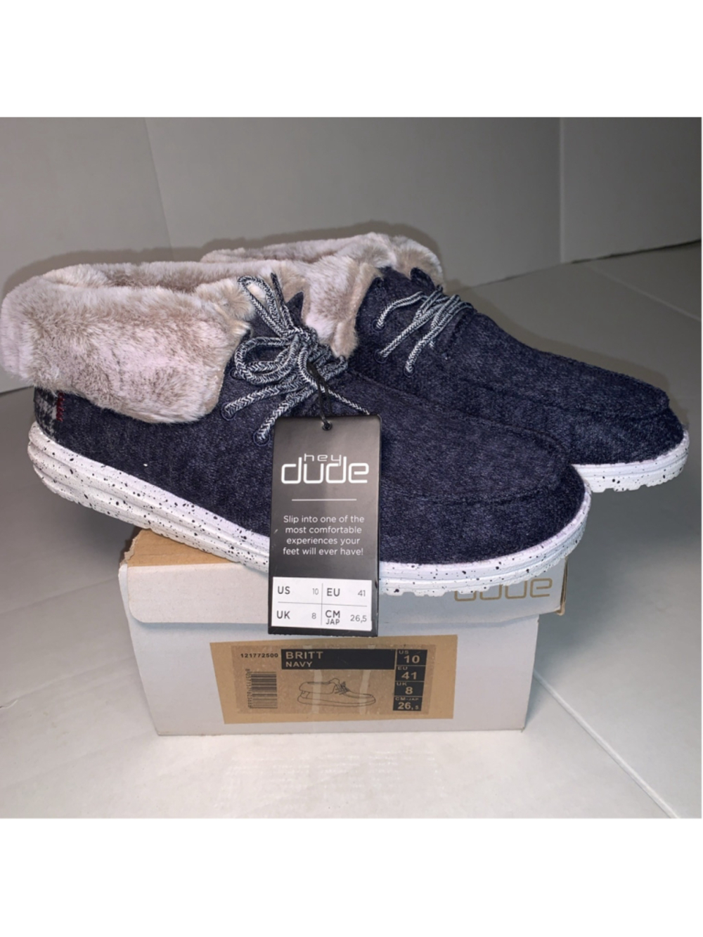 Hey Dude Britt Navy Faux Fur Lined Slip-On Shoes Womens Size 10 US NWT NWB